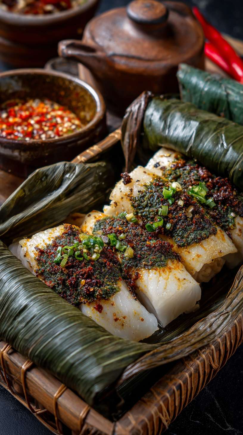 芭蕉叶烤鱼，打开热气腾腾的芭蕉叶，看见一条包裹着作料的鱼冒着热气，滋啦滋啦的声音下，看到若隐若现的雪白的鱼肉，看上去就非常有食欲，旁边还摆放着版纳特制口味的蘸料，隔着屏幕都溢出了鱼肉鲜甜 --ar 9:16 --v 7 --stylize 100 --fast --no 水印