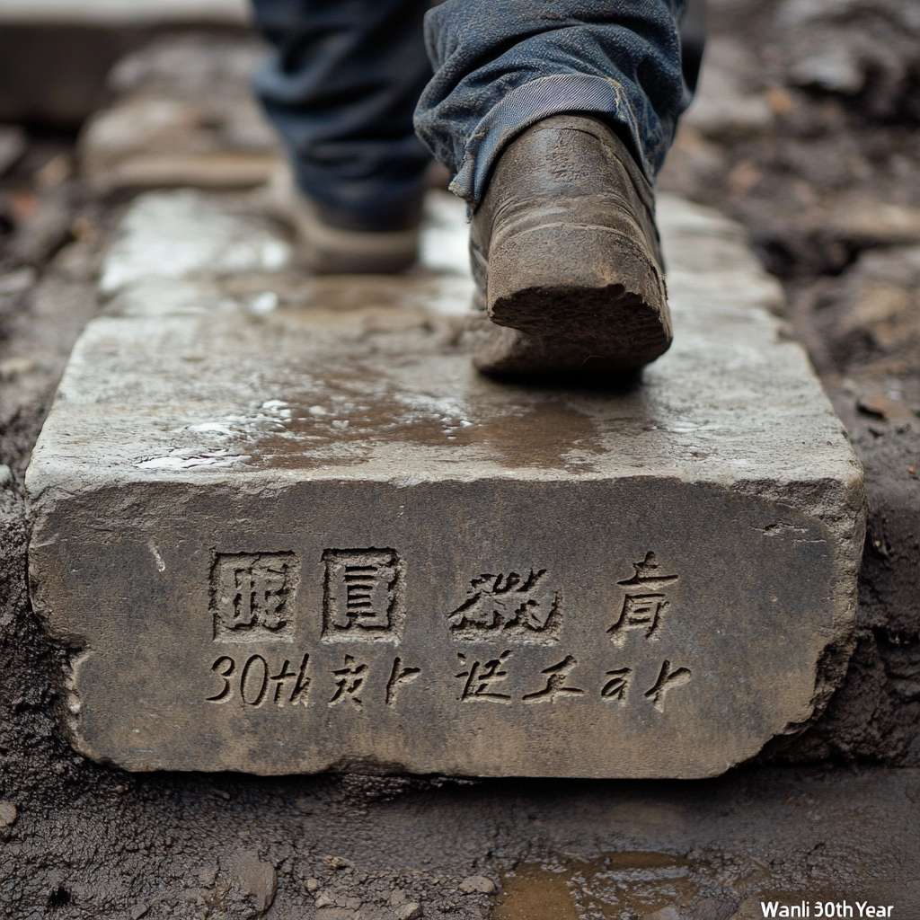 青年每登一级台阶，脚下石板浮现明代工匠雕凿的“万历三十年”字样（特效处理） --ar 1:1 --v 6.1 --stylize 100 --fast