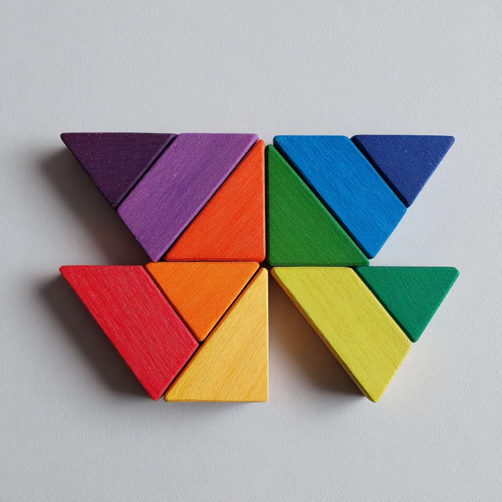 只需要简单的线段，两个独立等腰三角形两个角挨着，在下面，一个等腰三角形左边的角挨着下面左边的三角形的顶点，右边的角挨着下面右边的三角形的顶点在上面，组成一个新的等腰三角形 --ar 1:1 --v 7 --stylize 100 --fast --no 水印