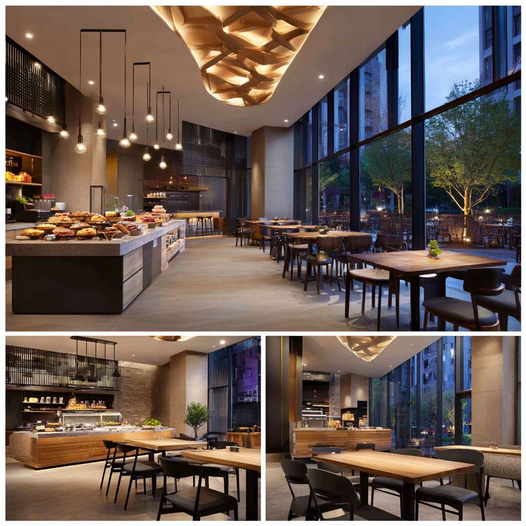 帮我做五张汉庭真实酒店餐厅早餐宣传实拍照片 --ar 1:1 --v 7 --stylize 100 --fast --no 水印