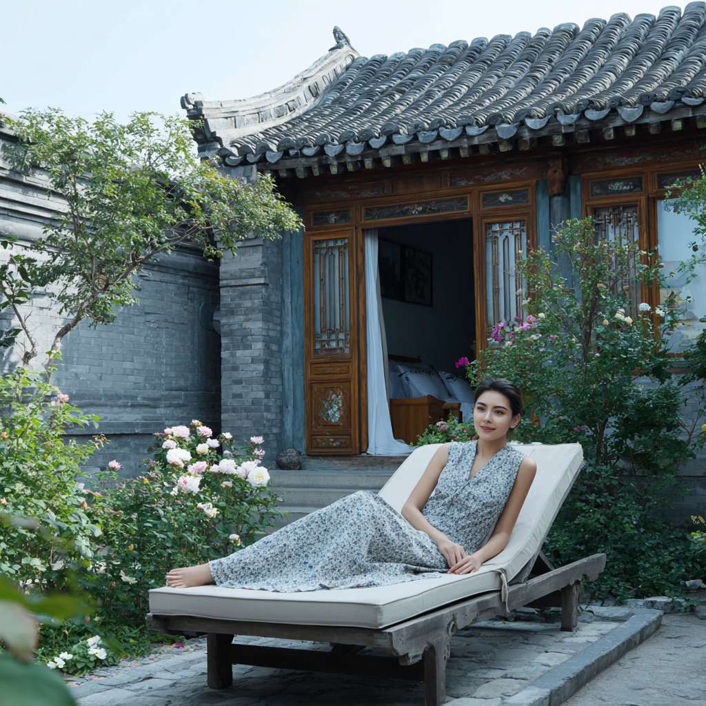 在一个白墙灰瓦的大理小院子里，一个美女在躺椅上悠闲的躺着晒太阳，院子里开满了画 --ar 1:1 --v 7 --stylize 100 --fast --no 水印