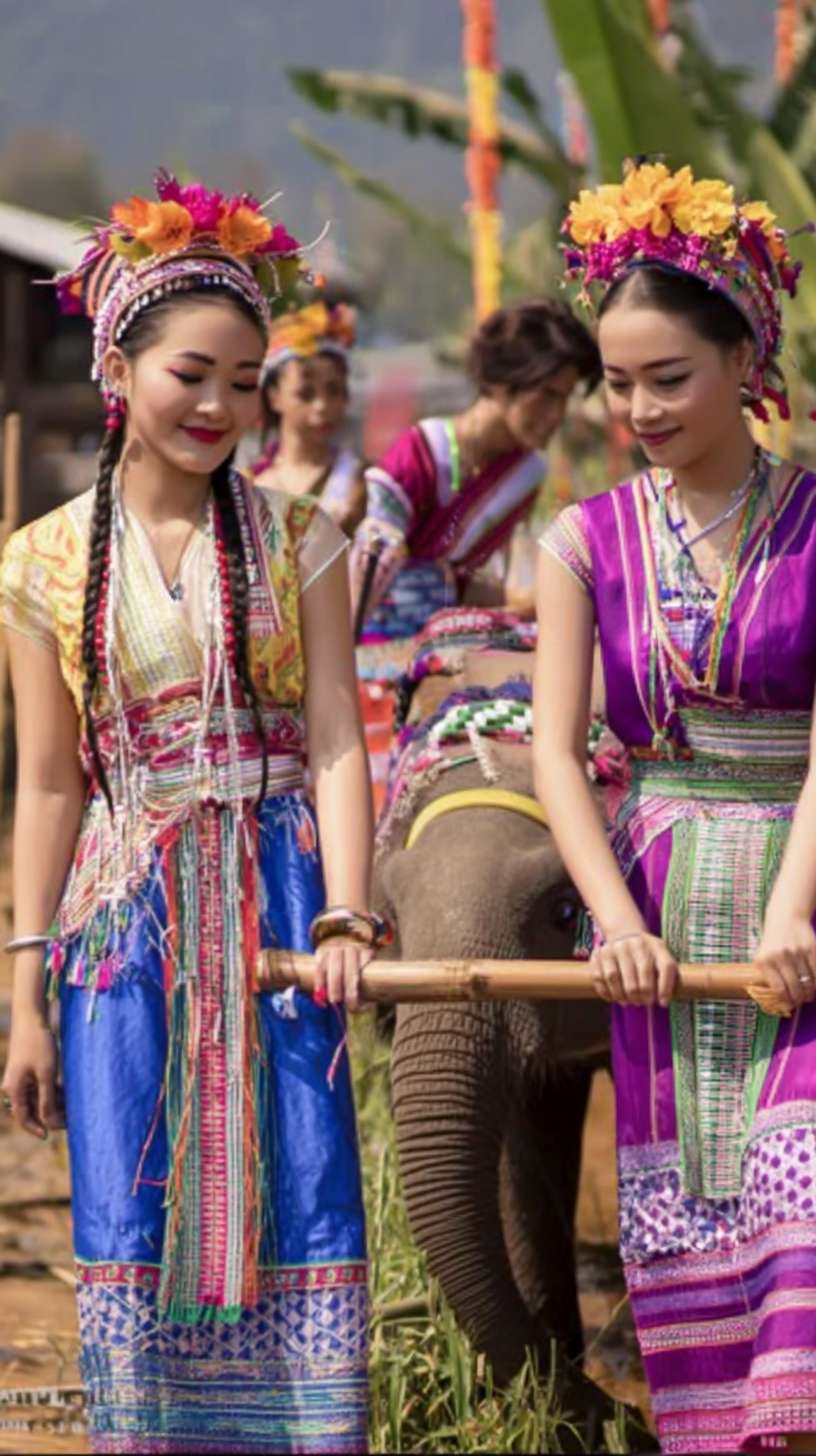 https://img-xpc-mj0.xpccdn.com/prod/upload/2cc4bcd7-778c-45f0-b39e-ccb20a641317/ScreenShot_2025-12-03_125545_442.png~tplv-5yakomv5zn-auto-v1%3A1024%3A0%3Aq75.jpg 夏天西双版纳傣族少女成群结队在街上穿着民族傣家服饰，旁边有人骑着大象 --ar 9:16 --v 7 --stylize 100 --fast --iw 1 --no 水印