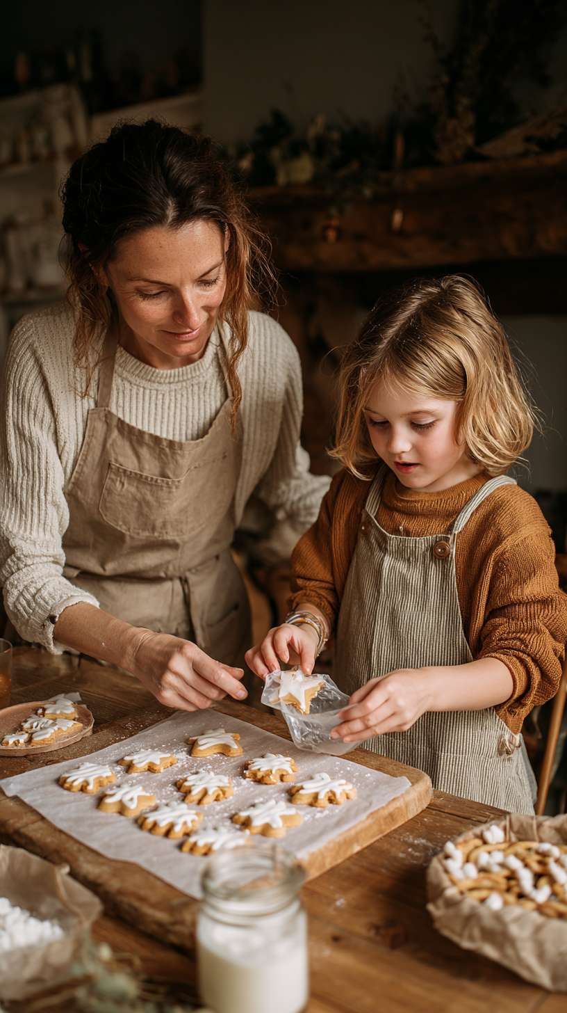 4刚出炉的姜饼人冒着热气，妈妈用裱花袋挤白色糖霜，孩子在旁递糖果装饰，镜头聚焦姜饼人，暖色调 --ar 9:16 --v 7 --stylize 100 --fast --no 水印