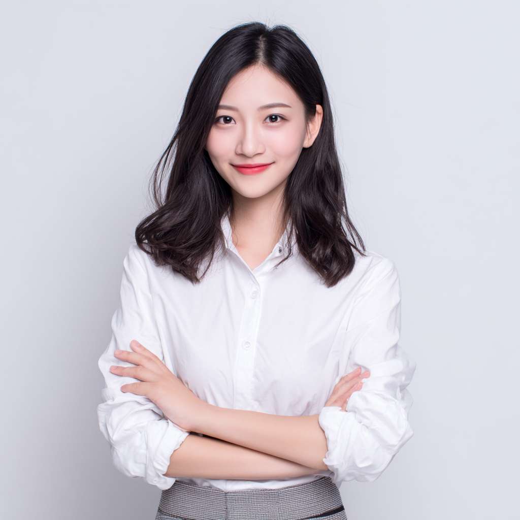 生成一张英语教师女性形象半身正面照，大众脸一些，25岁左右，不戴眼镜，身高160左右，体重120斤，白色西服裤子 --ar 1:1 --v 7 --stylize 100 --fast --no 水印