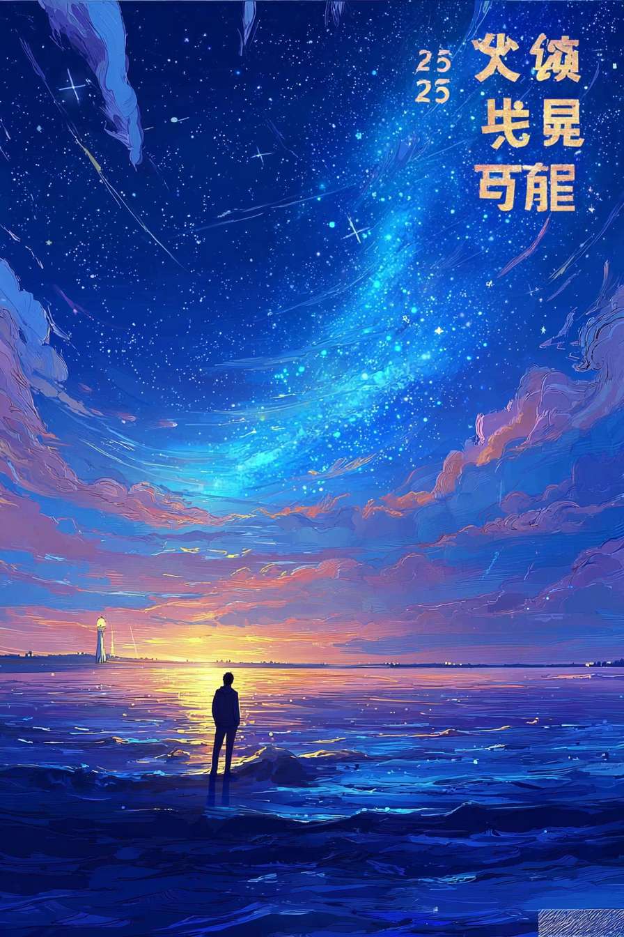 https://img-xpc-mj0.xpccdn.com/prod/upload/4dfeb8dd-245d-4783-9504-b11af8391cce/7aa9eafb5e50560f57ea6eadfa01c5dd.png~tplv-5yakomv5zn-auto-v1%3A1024%3A0%3Aq75.jpg 根据上传图片风格生成插画背景，不要文字，以海洋陆地星空为主，反应人的成长与追求，人物为剪影背影，大气，色彩丰富，线条多样，笔触明显 --ar 2:3 --v 7 --stylize 100 --fast --iw 1 --no 水印