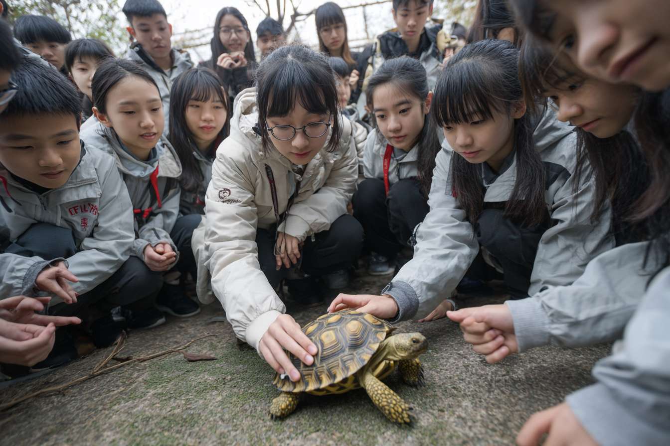 一班大學生圍成一個半圓形，中間是穿山甲、老虎、水獺、熊貓、飛鼠、龜等等的瀕危物種，讓學生們看起來像是在觀察和觸摸動物 --ar 3:2 --v 7 --stylize 100 --fast --no 水印