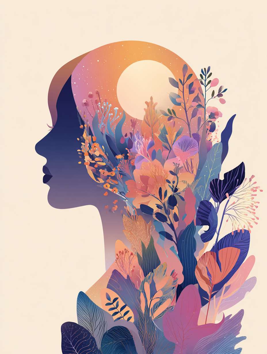 插图或插画形式，使用温暖的色调展示女性的生理周期、月经调节的概念。比如通过艺术化的月亮、植物、女性图像等元素，展现月经周期与自然节律的结合，突出健康管理的自然与和谐。 --ar 3:4 --v 7 --stylize 100 --fast --no 水印