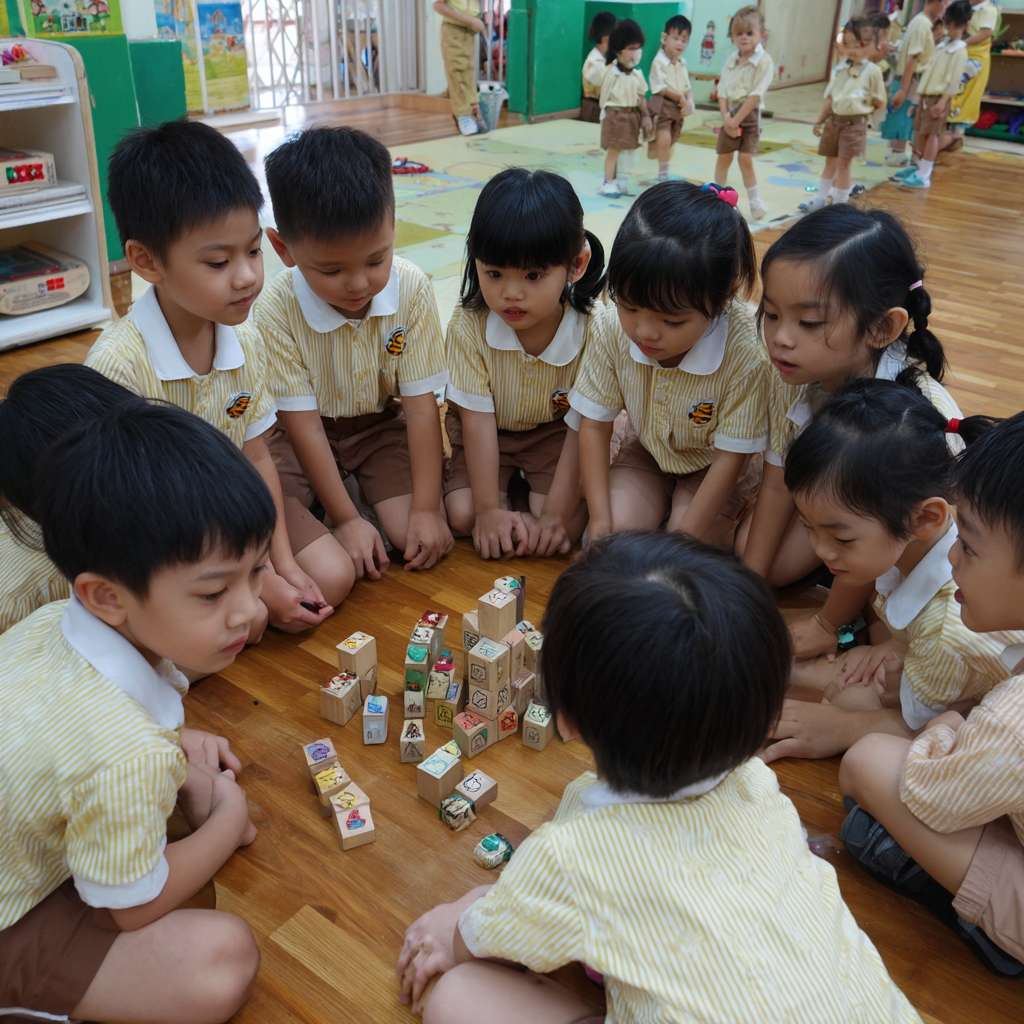 一班小六穿校服的學生們在校園裡圍成一個半圓形，以卡通的風格展示穿山甲、老虎、水獺、熊貓、飛鼠、龜等等的瀕危物種，讓學生們一起將積木併上瀕危動物圖案上 --ar 1:1 --v 7 --stylize 100 --fast --no 水印
