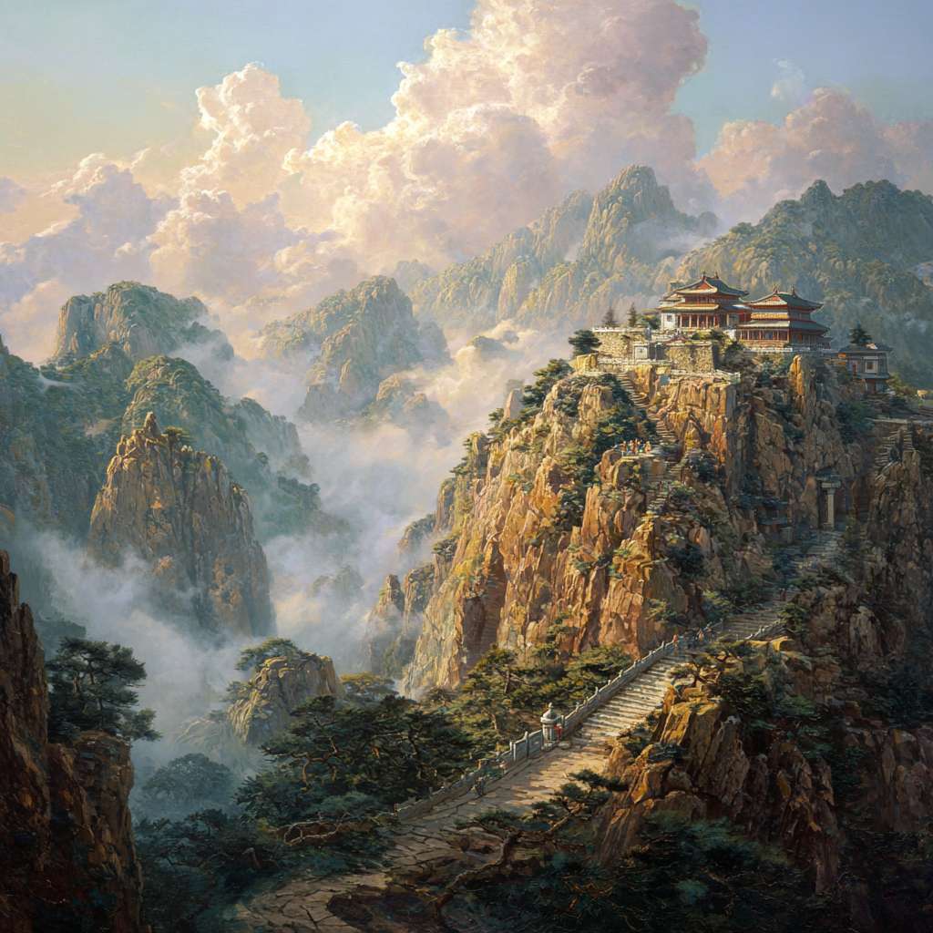 金庸武侠世界中，笑傲江湖的华山派场景 --ar 1:1 --v 7 --stylize 100 --fast --no 水印