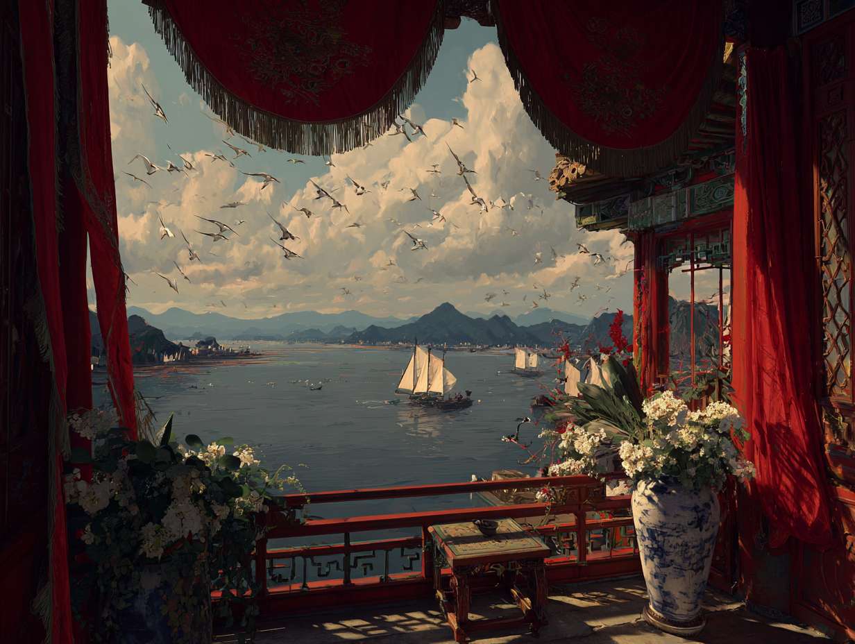 一卷卷的诗词卷轴从高处的小亭子中落下 --ar 4:3 --v 7 --stylize 100 --fast --no 水印