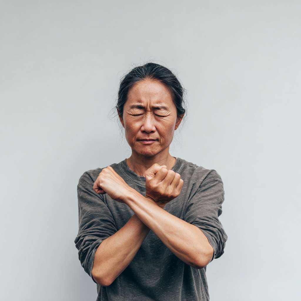 A picture of an Asian person  slapping their cubital fossa --ar 1:1 --v 7 --stylize 100 --fast