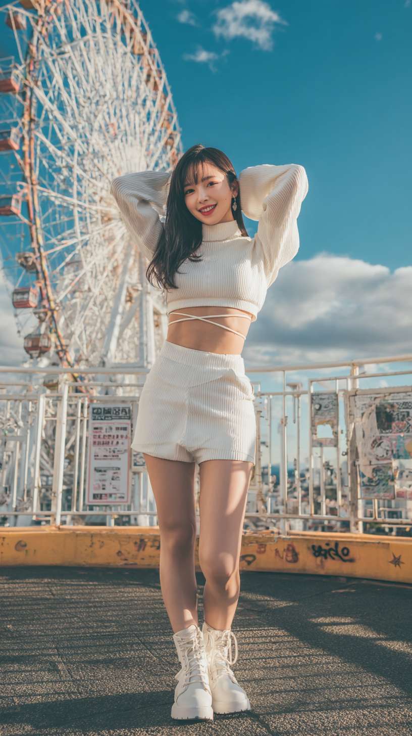 亚洲美少女，可爱，超短裙，高领，无袖，腹肌，短靴，白色过膝长袜，摩天轮，长发，微笑，高清晰 --ar 9:16 --v 7 --stylize 100 --fast --no 水印,水印,水印