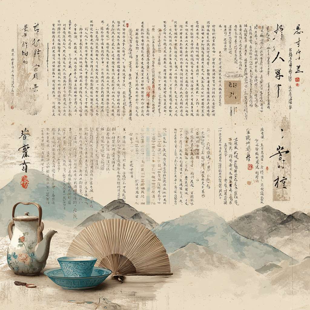 "Horizontal layout, left side: faded ancient Chinese book pages, right side: vertical '养心' in seal script, below it a teapot, Tai Chi fan, and blue-white porcelain bowl, soft beige and cyan colors, light ink-wash mountains at bottom, traditional Chinese style, 1200x600 pixels" --ar 1:1 --v 7 --stylize 100 --fast --no 水印