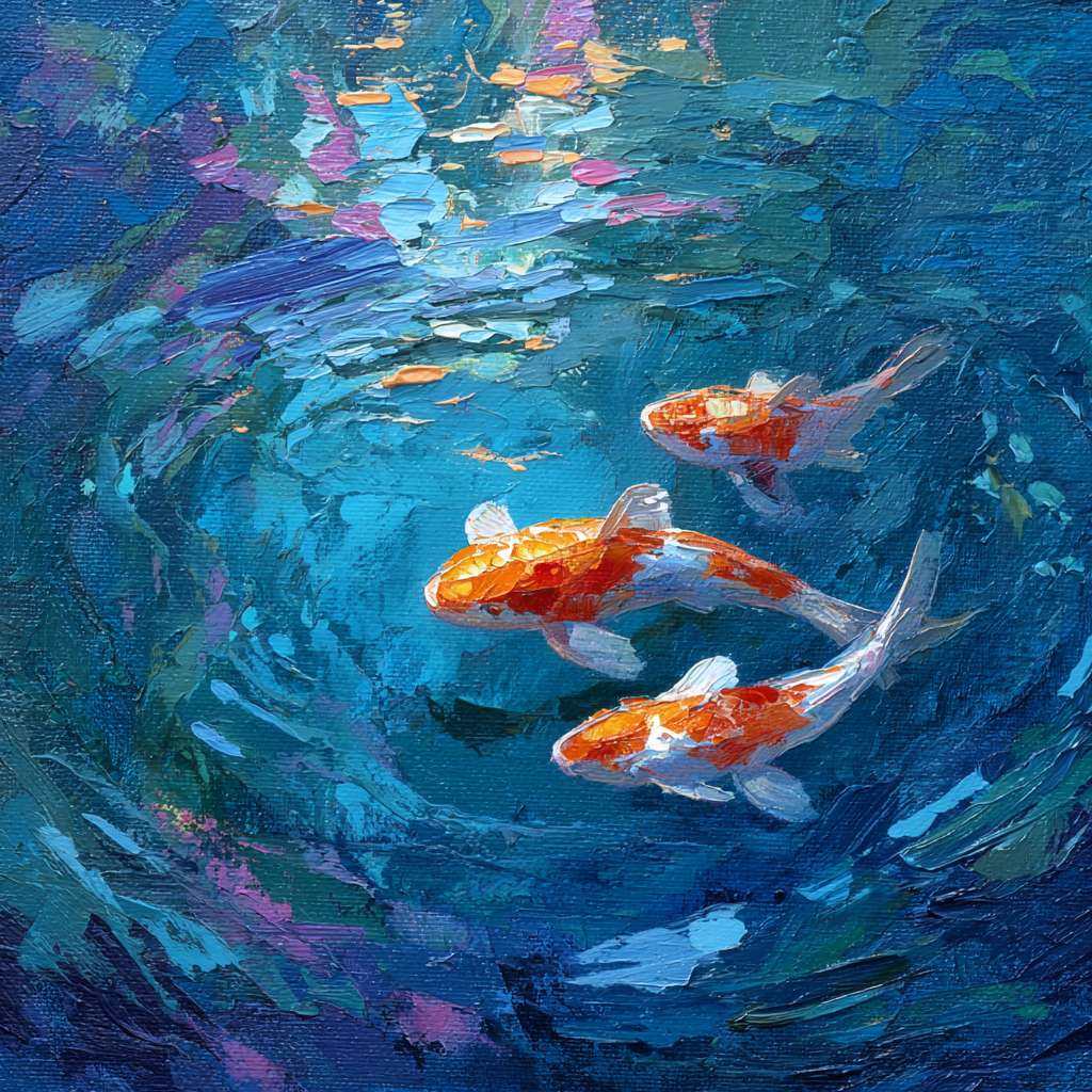 Surreal koi swimming in blue water with colorful light splashes, thick brushwork for water, thin strokes for iridescence, oil. --ar 1:1 --v 7 --stylize 100 --fast