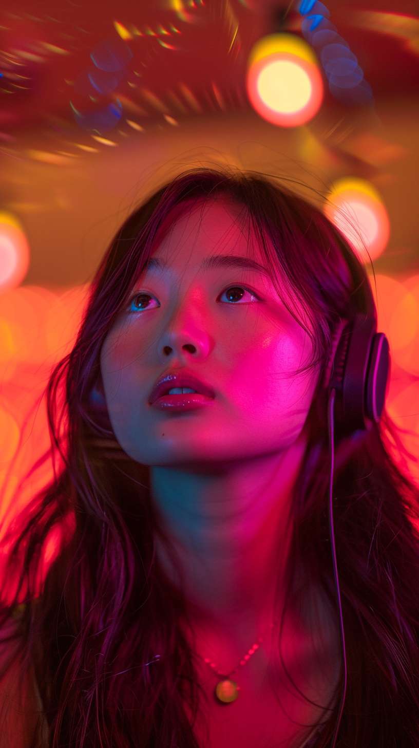 一则充满活力的广告，描绘了一位健康亚洲女性，在日出柔和的光线映衬下，凸显出她的活力和纯净。力求动静之间的平衡，笑容显示了生活的舒心，健康长久好生活。挑染发、不对称刘海、耳机、微笑、35mm、佳能、超广角、广角、视角、明暗对比、电影灯光、写实主义、超现实主义、浪漫主义、闪光、洛可可风格、UHD、高细节、超级细节、最佳质量、16k --ar 9:16 --v 6.0 --stylize 100 --fast
