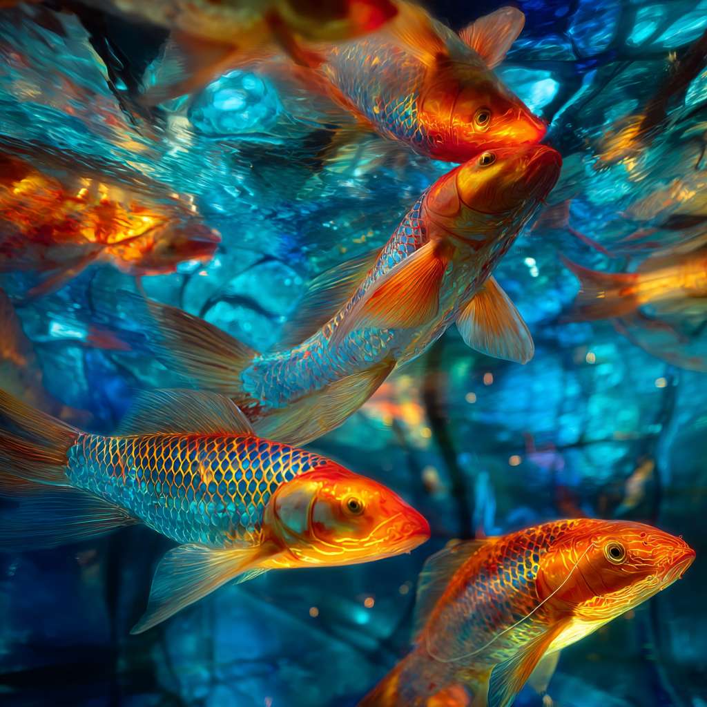 Vibrant underwater fantasy: blue water, 五彩光影，and energetic koi, 粗笔触 for texture, 细笔触 for movement, abstract. --ar 1:1 --v 7 --stylize 100 --fast --no 水印