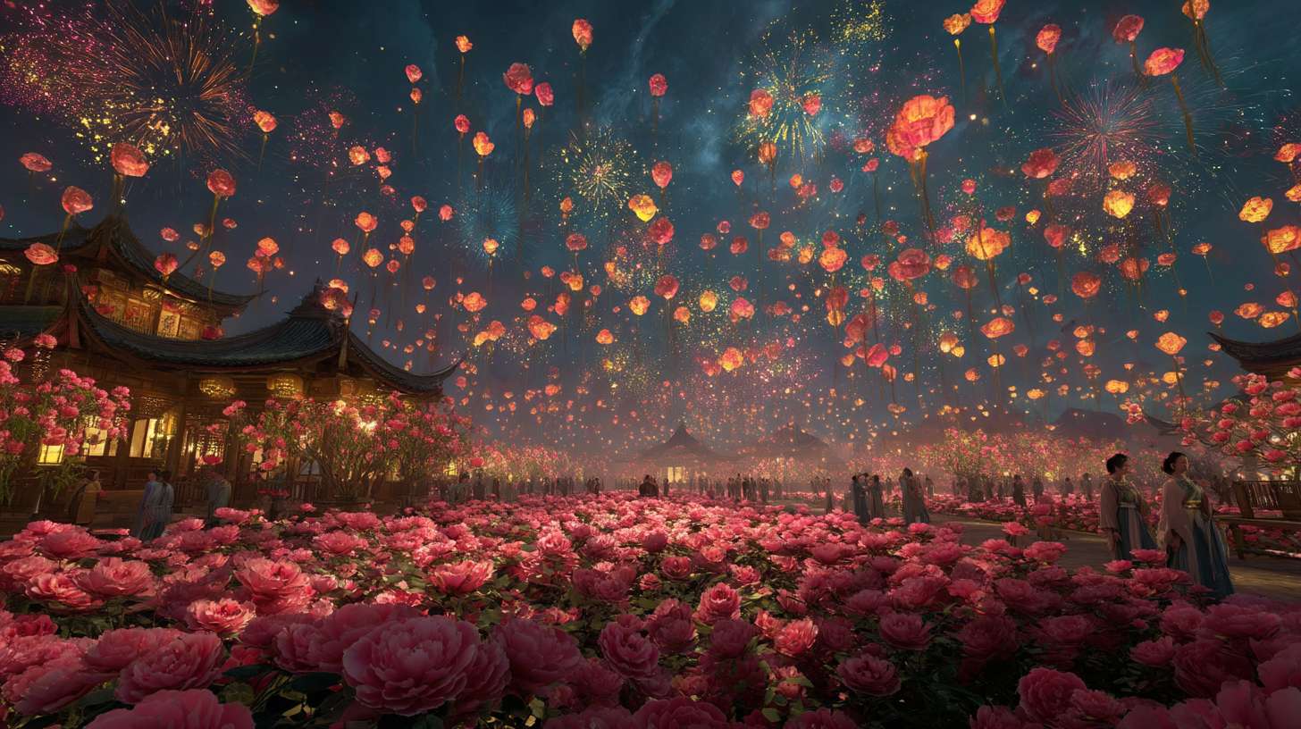 Unreal Engine 5 rendering, in this awe-inspiring scene of the ancient Luoyang Flower Festival, the composition centers on a vast sea of blooming peonies, surrounded by ancient-style pavilions, buildings, and winding corridors adorned with countless red lanterns, while the night sky is continuously lit up by colorful fireworks, the foreground features a celebrating crowd dressed in elegant Hanfu singing and dancing, the middle ground includes traditional Chinese architecture such as eaves-cornered pavilions, and the background blends deep blue starry skies with brilliant fireworks, in terms of color, vibrant reds, golds, and greens dominate, symbolizing luck and wealth, with the pink and white of the flowers sharply contrasting with the warm yellow of the lanterns, and the multicolored lights of the fireworks adding dynamic color variations, the lighting effects are exquisitely detailed, the soft glow from the lanterns casts warm shadows on people's faces and the ground, while the explosive flashes of fireworks create dazzling halos, contrasting with the cool moonlight to enhance the image's depth and dynamism, the entire scene is bustling and lively, with lanterns swaying gloriously, fireworks sparkling brilliantly, and the crowd cheering incessantly, as if transporting the viewer into a dreamlike ancient prosperous era filled with the charm of Chinese elements. --ar 16:9 --v 7 --c 20 --quality 4 --stylize 100 --fast
