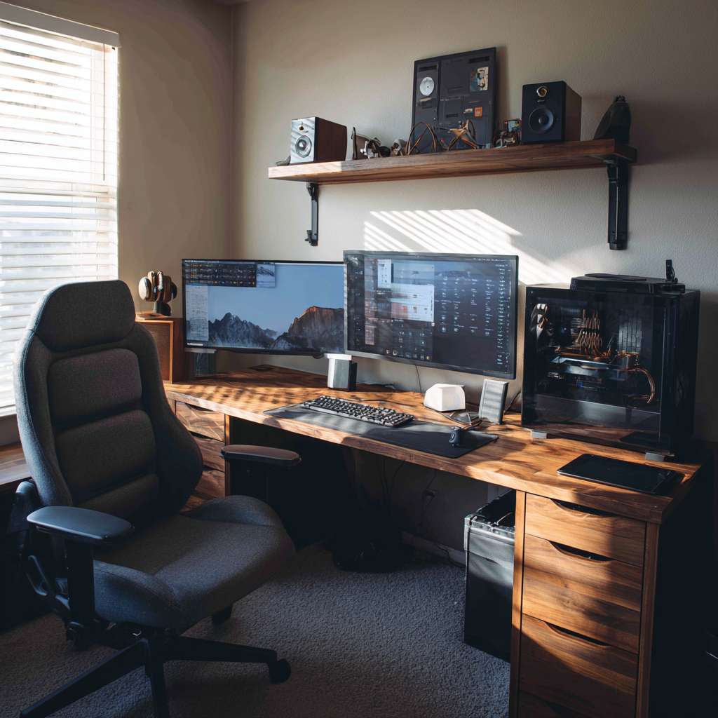 给我一个电脑桌区域的搭配图，区域长度180*85。要有椅子。要提现细节，电脑机箱要放桌面上。电脑桌要有置物架。置物架第二层要放一个哈曼卡顿音响。桌子上要有水杯，小垃圾桶。纸巾。键盘鼠标。手机，插板上插着手机充电器。还有平板。 --ar 1:1 --v 7 --stylize 100 --fast --no 水印