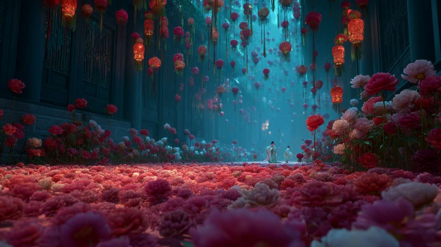 Unreal Engine 5 rendering, in this awe-inspiring scene of the ancient Luoyang Flower Festival, the composition centers on a vast sea of blooming peonies, surrounded by ancient-style pavilions, buildings, and winding corridors adorned with countless red lanterns, while the night sky is continuously lit up by colorful fireworks, the foreground features a celebrating crowd dressed in elegant Hanfu singing and dancing, the middle ground includes traditional Chinese architecture such as eaves-cornered pavilions, and the background blends deep blue starry skies with brilliant fireworks, in terms of color, vibrant reds, golds, and greens dominate, symbolizing luck and wealth, with the pink and white of the flowers sharply contrasting with the warm yellow of the lanterns, and the multicolored lights of the fireworks adding dynamic color variations, the lighting effects are exquisitely detailed, the soft glow from the lanterns casts warm shadows on people's faces and the ground, while the explosive flashes of fireworks create dazzling halos, contrasting with the cool moonlight to enhance the image's depth and dynamism, the entire scene is bustling and lively, with lanterns swaying gloriously, fireworks sparkling brilliantly, and the crowd cheering incessantly, as if transporting the viewer into a dreamlike ancient prosperous era filled with the charm of Chinese elements. --ar 16:9 --v 7 --c 20 --quality 4 --stylize 100 --fast