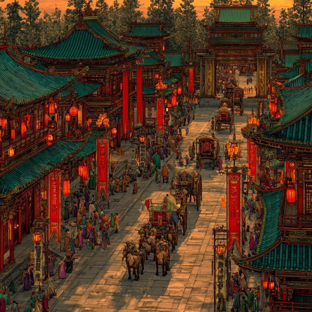 虚幻引擎5渲染,在这幅震撼人心的大唐盛世画卷中,构图以繁华的唐代长安城朱雀大街为核心视点,街道上车水马龙,熙熙攘攘的唐朝百姓与胡商穿梭往来,组成骆驼商队满载货物缓缓前行,两侧林立着朱红色木制建筑,飘扬的酒旗与商铺招牌交错生姿,屋檐下灯笼高挂,时值傍晚,天空渲染着暖金色的晚霞,与建筑的红墙碧瓦交相辉映,颜色以浓郁的金色与朱红色为主调,点缀着商队绸缎的翡翠绿与宝蓝色,灯笼透出暖黄光晕,整体色彩辉煌绚烂,光影效果极具层次,夕阳余晖为建筑披上金纱,灯笼光斑在青石板路上跃动,骆驼与行人投下细长剪影,商铺窗棂间透出温暖烛光,与暮色中的云霞融成一片流光溢彩,整条街道弥漫着人间烟火气,驼铃悠扬,人声鼎沸,完美再现万国来朝的盛唐气象。 --ar 1:1 --v 7 --stylize 100 --fast --no 水印