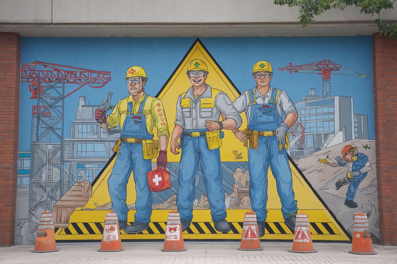 请围绕危险源辨识、违章操作、危险作业及企业内部的重点风险为主题，创作一幅具有教育意义的安全漫画作品。要求如下：1.突出企业安全特点、营造人人“知安全、懂安全、重安全”的文化氛围。2.高屋建瓴，描绘行业安全文化愿景，切中行业未来安全发展方向。 --ar 3:2 --v 7 --stylize 100 --fast --no 水印