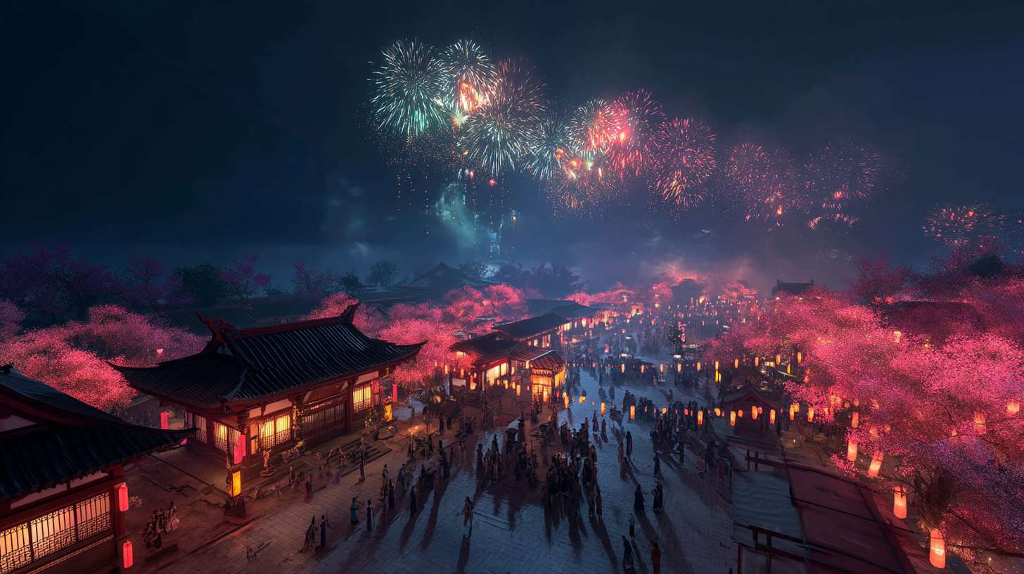 Unreal Engine 5 rendering, in this awe-inspiring scene of the ancient Luoyang Flower Festival, the composition centers on a vast sea of blooming peonies, surrounded by ancient-style pavilions, buildings, and winding corridors adorned with countless red lanterns, while the night sky is continuously lit up by colorful fireworks, the foreground features a celebrating crowd dressed in elegant Hanfu singing and dancing, the middle ground includes traditional Chinese architecture such as eaves-cornered pavilions, and the background blends deep blue starry skies with brilliant fireworks, in terms of color, vibrant reds, golds, and greens dominate, symbolizing luck and wealth, with the pink and white of the flowers sharply contrasting with the warm yellow of the lanterns, and the multicolored lights of the fireworks adding dynamic color variations, the lighting effects are exquisitely detailed, the soft glow from the lanterns casts warm shadows on people's faces and the ground, while the explosive flashes of fireworks create dazzling halos, contrasting with the cool moonlight to enhance the image's depth and dynamism, the entire scene is bustling and lively, with lanterns swaying gloriously, fireworks sparkling brilliantly, and the crowd cheering incessantly, as if transporting the viewer into a dreamlike ancient prosperous era filled with the charm of Chinese elements. --ar 16:9 --v 7 --c 20 --quality 4 --stylize 100 --fast