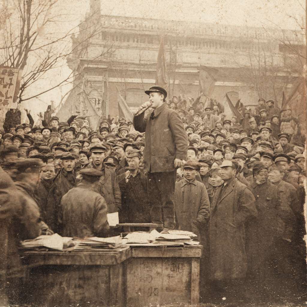 "1919年北京大学红楼广场，三千名激昂学生举手呐喊，前排青年站在木箱上演说，，空中飞舞传单，简笔画风格 --ar 1:1 --v 7 --stylize 100 --fast --no 水印