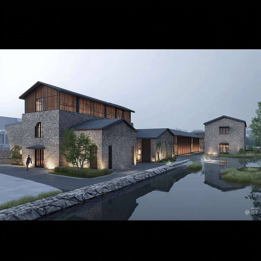 https://img-xpc-mj0.xpccdn.com/prod/upload/b39c4545-0ab0-4ac6-9ef7-3fd407e8503d/%E8%AF%95%E4%B8%80%E8%AF%95.jpg~tplv-5yakomv5zn-auto-v1%3A1024%3A0%3Aq75.jpg https://img-xpc-mj0.xpccdn.com/prod/upload/5b661e5d-4174-421f-88e4-3856f04685b0/%E5%B1%8F%E5%B9%95%E6%88%AA%E5%9B%BE%202025-11-17%20122321.jpg~tplv-5yakomv5zn-auto-v1%3A1024%3A0%3Aq75.jpg 请将图一渲染成精美的效果图，保持图片中构图内容和材质不变（不要对形体进行改动），将图中的材质转换成真实的PBR材质效果，视角不变，风格请参考图二。图中的建筑为【老粮站改造后的建筑群】适当补充周边的绿化、行人，以及适配美丽乡村的环境配景元素。
可选扩展内容：
时刻表达在【白天】，适当增加雾蒙蒙的薄雾及建筑照明、周边环境照明，突出表达的建筑形象与整体空间氛围。 --ar 1:1 --v 7 --stylize 100 --fast --iw 1 --no 水印