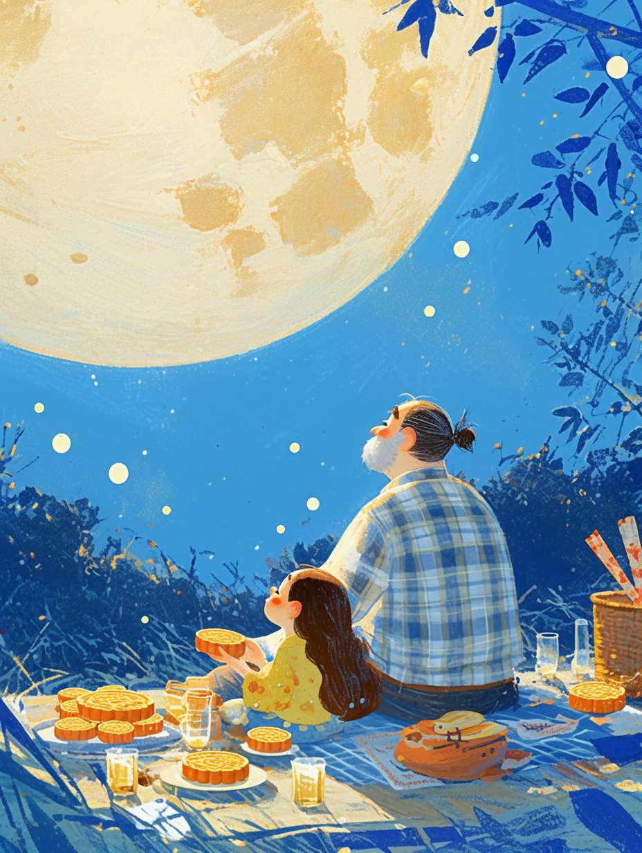 On the night of the Mid-Autumn Festival, a family sits in the yard and looks up at the sky. One of them holds a mooncake in his hand. There is a huge moon in the sky. The moon is drawn with complex linear colored lines. The illustration is drawn with flat-style colored lines. It is an imaginative illustration. 64K, --ar 3:4 --stylize 1000 --fast --niji 6