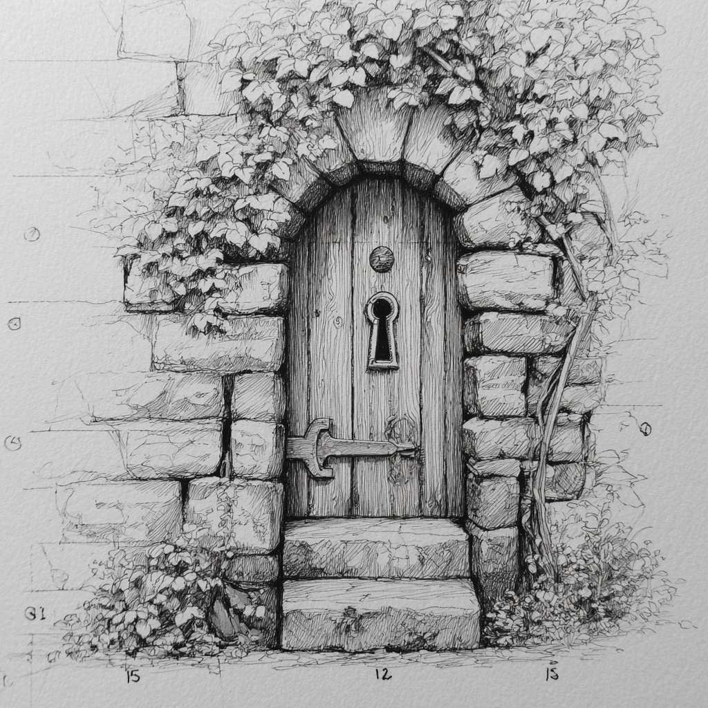 **简笔画教程：花园门**  
1. 画石拱门：底部中央绘半圆作门框；  
2. 添木门板：拱内画垂直线为门，加斜线作破板；  
3. 覆盖常春藤：拱周绘曲线藤蔓，点缀心形叶；  
4. 藏钥匙：门下画半埋老式钥匙（椭圆+锯齿）；  
5. 点睛：添加野花（点+小圆）与枝头知更鸟（椭圆身体+三角喙）。 --ar 1:1 --v 7 --stylize 100 --fast --no 水印