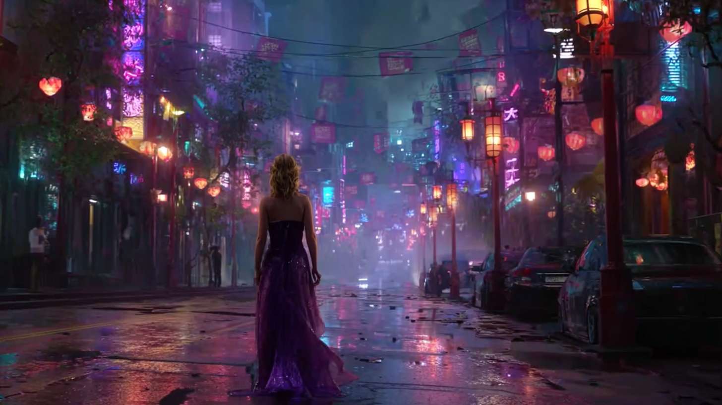 现代3D动画风格，在洛杉矶街道上的灯柱上，当时那里正下着毛毛雨。霓虹灯照在潮湿的柏油路上，一个金发女人穿着华丽的紫色长裙站在前方不远处打着伞正对着看着镜头 --ar 16:9 --v 7 --stylize 100 --fast --no 水印