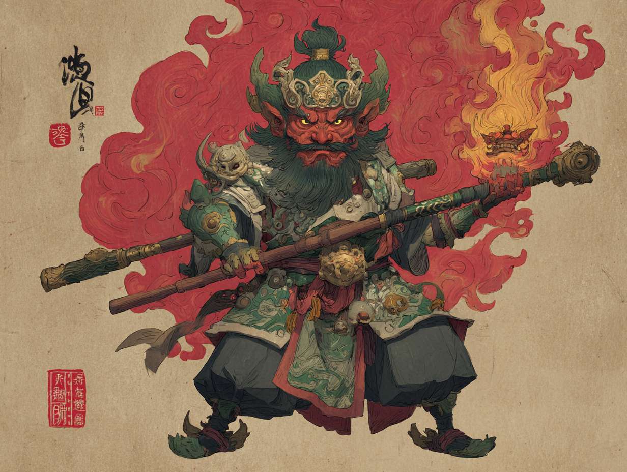 绘制三视图《哪吒重生》机械朋克风格，转世哪吒，桀骜，火焰特效 --ar 4:3 --v 7 --stylize 100 --fast --no 水印