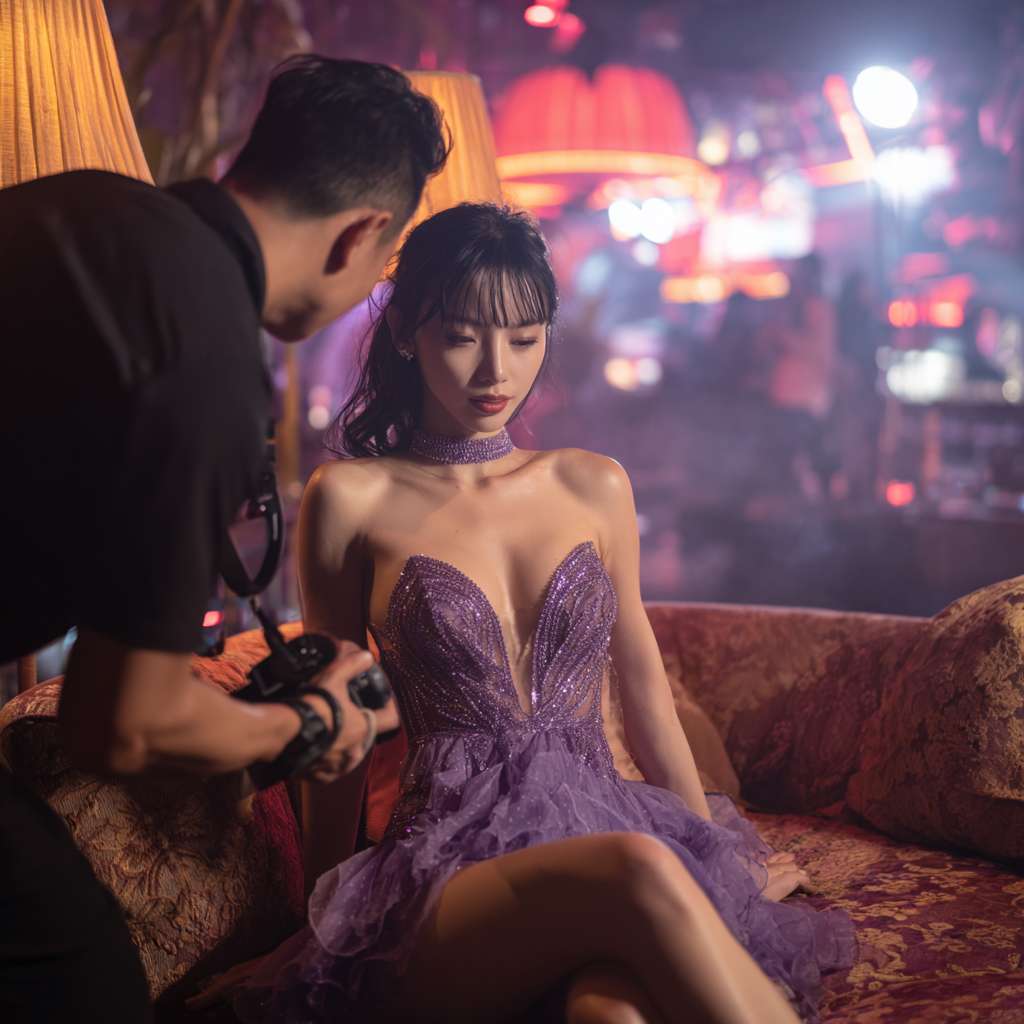 中景镜头，在一个充满氛围感的夜店里，一个穿着紫色水晶短裙礼服的女孩坐在沙发上，一个时尚帅气的穿着黑衬衫的摄影师给她拍照，有一束柔光照在女孩身上，背景模模糊糊有很多灯光音乐以及顾客 --ar 1:1 --v 7 --stylize 100 --fast --no 水印
