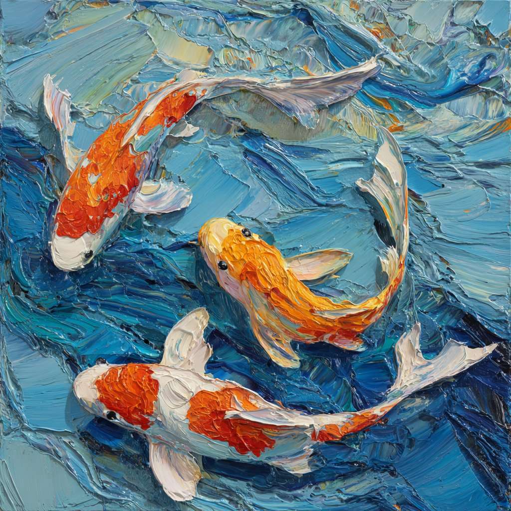Surreal koi in blue water amid 五彩光影，thick impasto for water, thin lines for fish, oil. --ar 1:1 --v 7 --stylize 100 --fast --no 水印