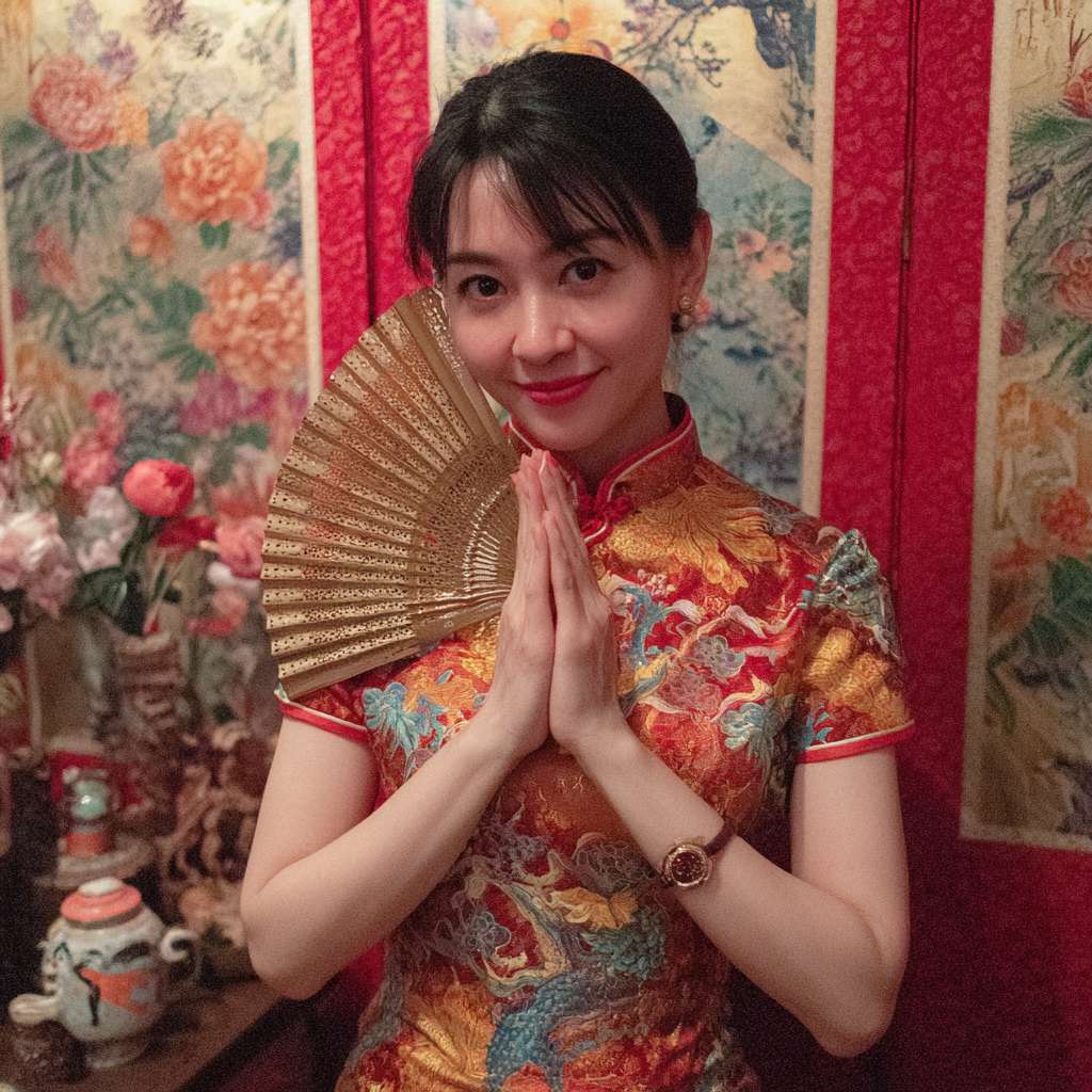 一个穿旗袍的东方美女，手拿一把扇子，对着镜头打招呼，面带微笑 --ar 1:1 --v 7 --stylize 100 --fast --no 水印
