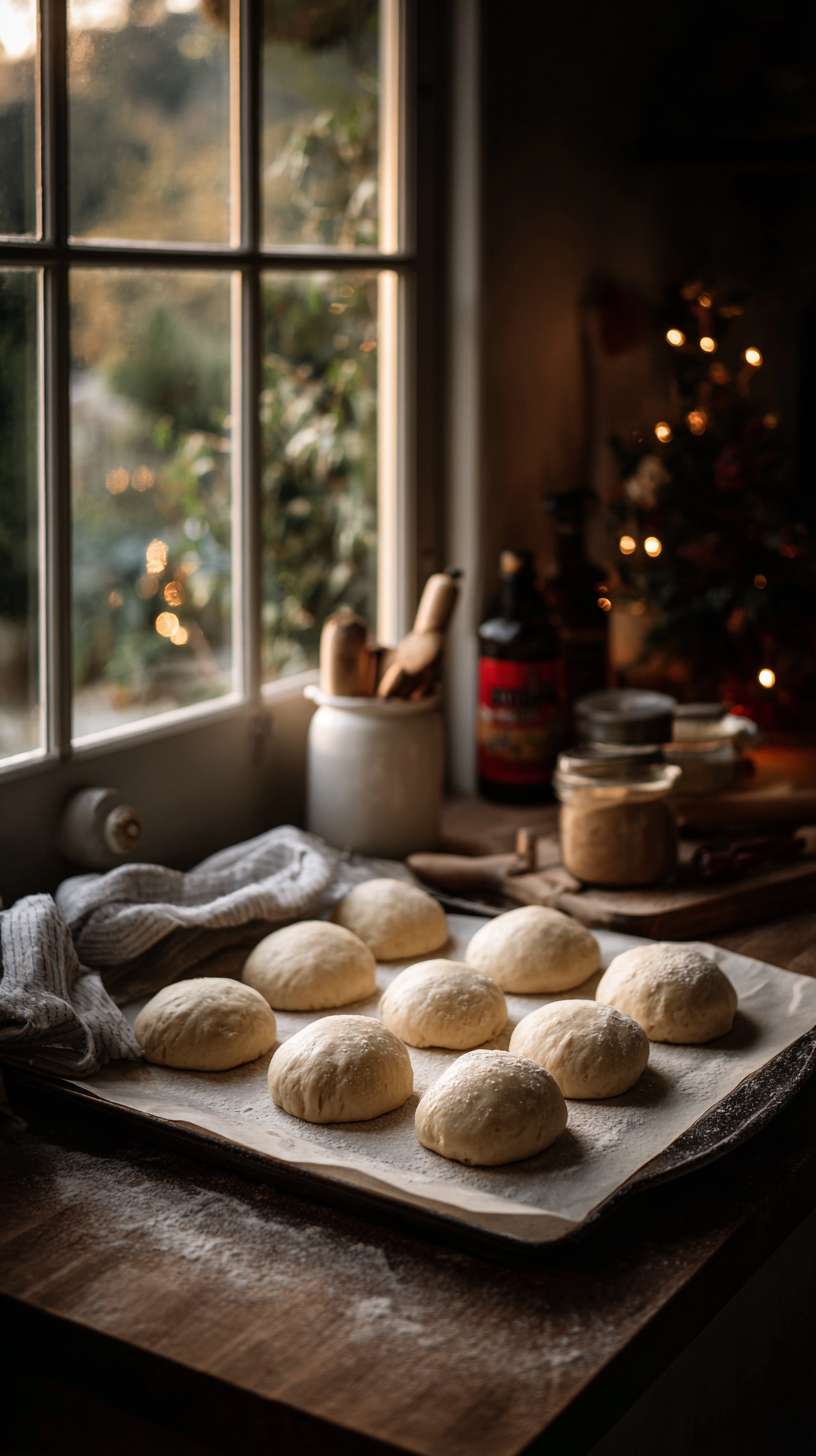 3厨房台面，白色陶瓷烤盘，上面摆着 6 个姜饼人面团，旁边有肉桂粉罐子，窗外能看到圣诞树一角，暖光特写 --ar 9:16 --v 7 --stylize 100 --fast --no 水印