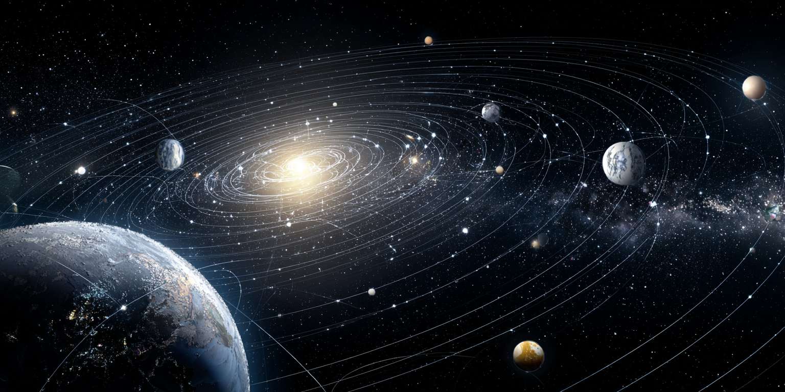 在浩瀚宇宙中有黑洞，星宇，各种星系天体，在这个画面中地球是最进的画面，显得非常科技风，地球外卖呢环绕好多物联网科技风虚线路 --ar 2:1 --v 7 --stylize 100 --fast --no 水印