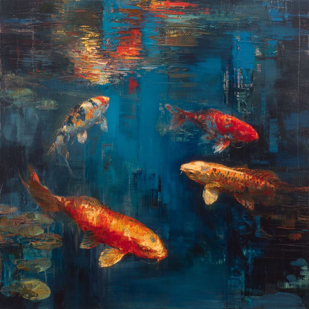 Dreamy blue depths with iridescent light patterns, koi fish in vivid reds and golds, expressive strokes blending water’s fluidity and fish’s grace, abstract. --ar 1:1 --v 7 --stylize 100 --fast
