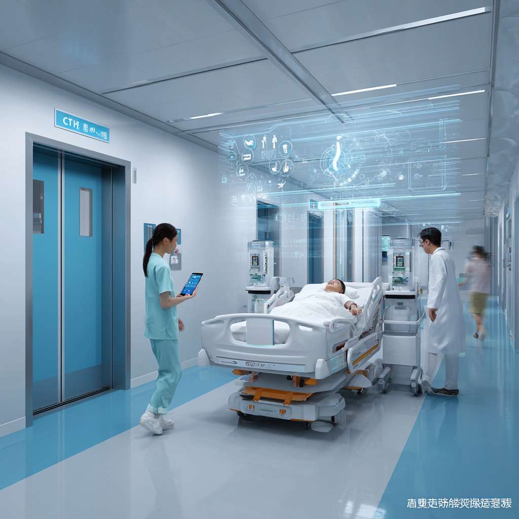 现代医院ICU走廊场景，科技感，浅蓝色调，整洁明亮。一名重症患者躺在智能移动床上，床体配备激光雷达和传感器，正在自动导航。一名护士手持平板电脑远程监控。移动床正在避开一名路过的医生。背景有电梯和指示牌，显示“CT室”。空中悬浮全息投影显示生命体征和路径规划图。风格写实，细节精致，光线柔和，有医疗科技感。 --ar 1:1 --v 7 --stylize 100 --fast --no 水印