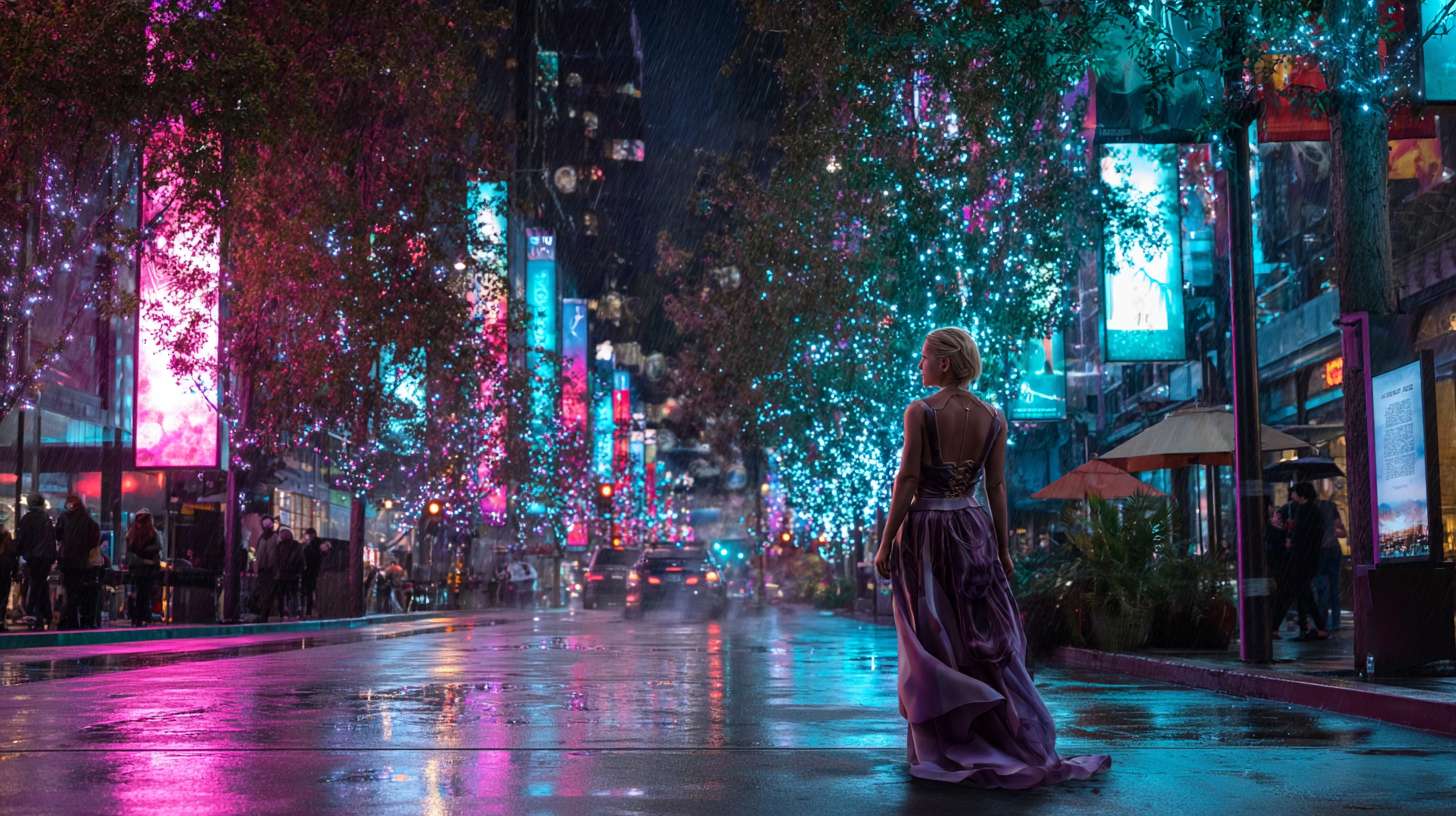 现代3D动画风格，在洛杉矶街道上的灯柱上，当时那里正下着毛毛雨。霓虹灯照在潮湿的柏油路上，一个金发女人穿着华丽的紫色长裙站在前方不远处正对着镜头 --ar 16:9 --v 7 --stylize 100 --fast --no 水印