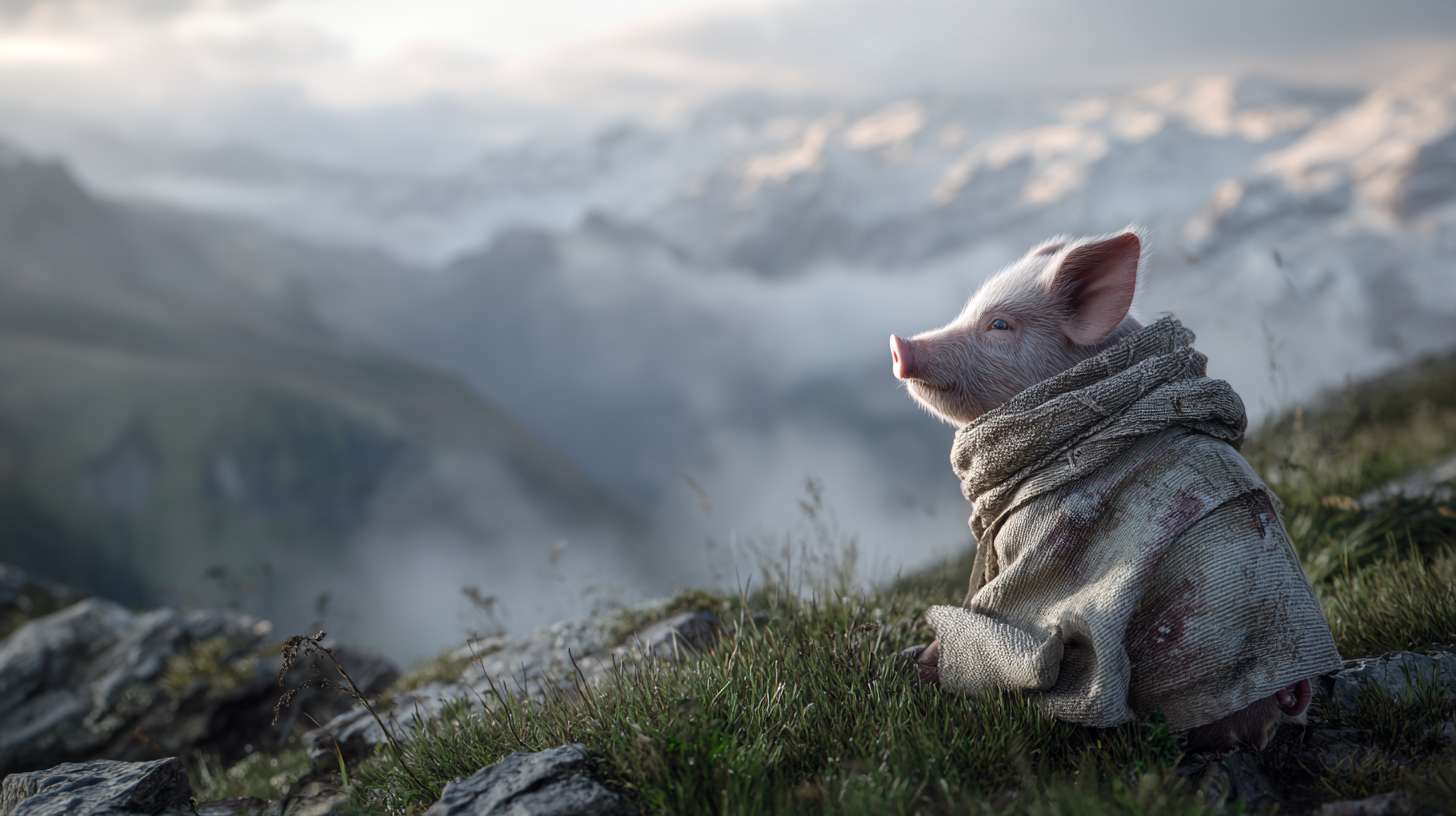 Photorealistic cinematic image，A pale pink pig on the grass next to the mountaintop, facing away from the camera,it also it's a scarf around it head, which is partially covering it face, giving her a mysterious look.Overall, these images convey a sense of desolation and grandeur, possibly telling a story about adventure, and emotional expressions all suggest that this may be a work with a strong narrative and visual impact,with a rocky mountain range behind it, and fog connecting the mountain range, full of warm colors and ultra high definition real materials，Ultra wide view shot， highly detailed photo. --ar 16:9 --v 7 --style raw --stylize 100 --fast