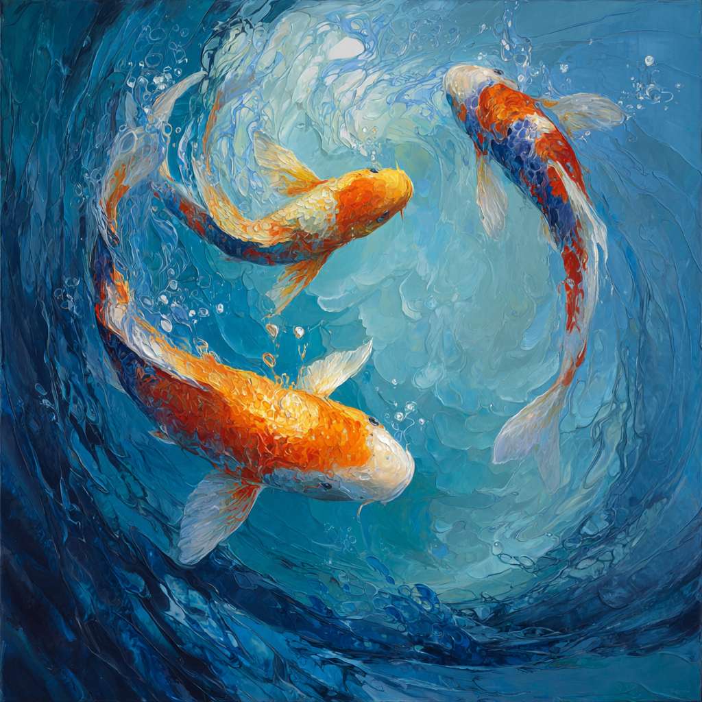 Surreal koi swimming in blue water with light splashes, thick brushwork for waves, thin strokes for iridescence, oil. --ar 1:1 --v 7 --stylize 100 --fast