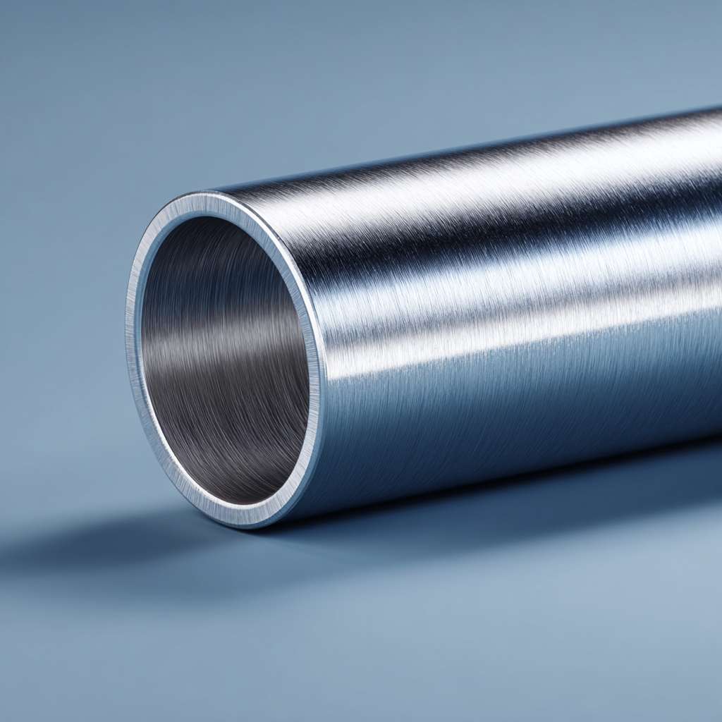 A background for a marine-grade stainless steel pipe, minimalist product photography, clean and sleek industrial design, soft lighting from the side, muted silver and dark navy blue color palette, subtle brushed metal texture, vast negative space on a light gray background, modern and professional, high-end commercial use, studio shot, hyper-detailed, 4k --ar 1:1 --v 7 --stylize 100 --fast