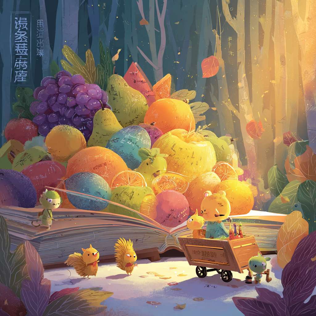 卡通风格插画, 丰收的果园场景, 阳光明媚, 打开的发光书本, 涌出的彩色水果, 水果融合数学符号(数字形状,符号标签,几何特征), 堆积如山的数学水果, 可爱的小动物(松鼠,刺猬)在搬运清点, 欢快喜悦氛围, 水润光泽的水果质感, 柔和圆润线条, 细节丰富, 温暖明亮色彩, 书本标题"数果累累", "一年级数学练习册"字样, 背景虚化的果树和蓝天, 飘落的叶子, 木质小推车或篮子, 高清, 8k --ar 1:1 --v 7 --stylize 100 --fast --no 水印