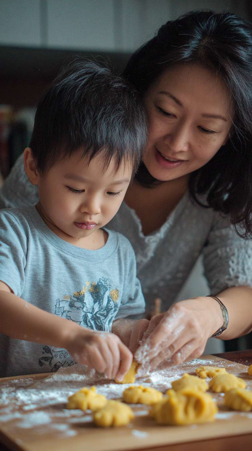 4刚出炉的姜饼人冒着热气，妈妈用裱花袋挤白色糖霜，孩子在旁递糖果装饰，镜头聚焦姜饼人，暖色调 --ar 9:16 --v 7 --stylize 100 --fast --no 水印