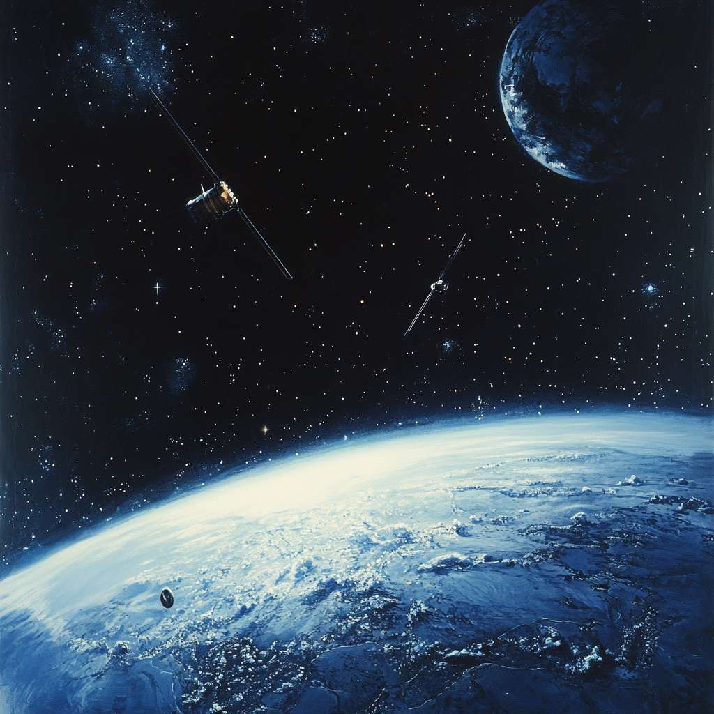 空间对抗，卫星追逐，大视角，地球，外太空 --ar 1:1 --v 6.1 --stylize 100 --fast