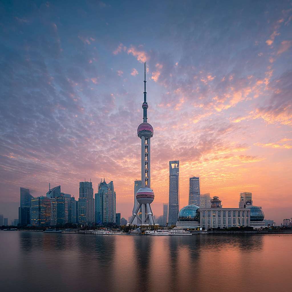 生成PPT背景图片一张，图片需要有上海陆家嘴的元素。要求背景简洁，色彩明亮。 --ar 1:1 --v 7 --stylize 100 --fast --no 水印