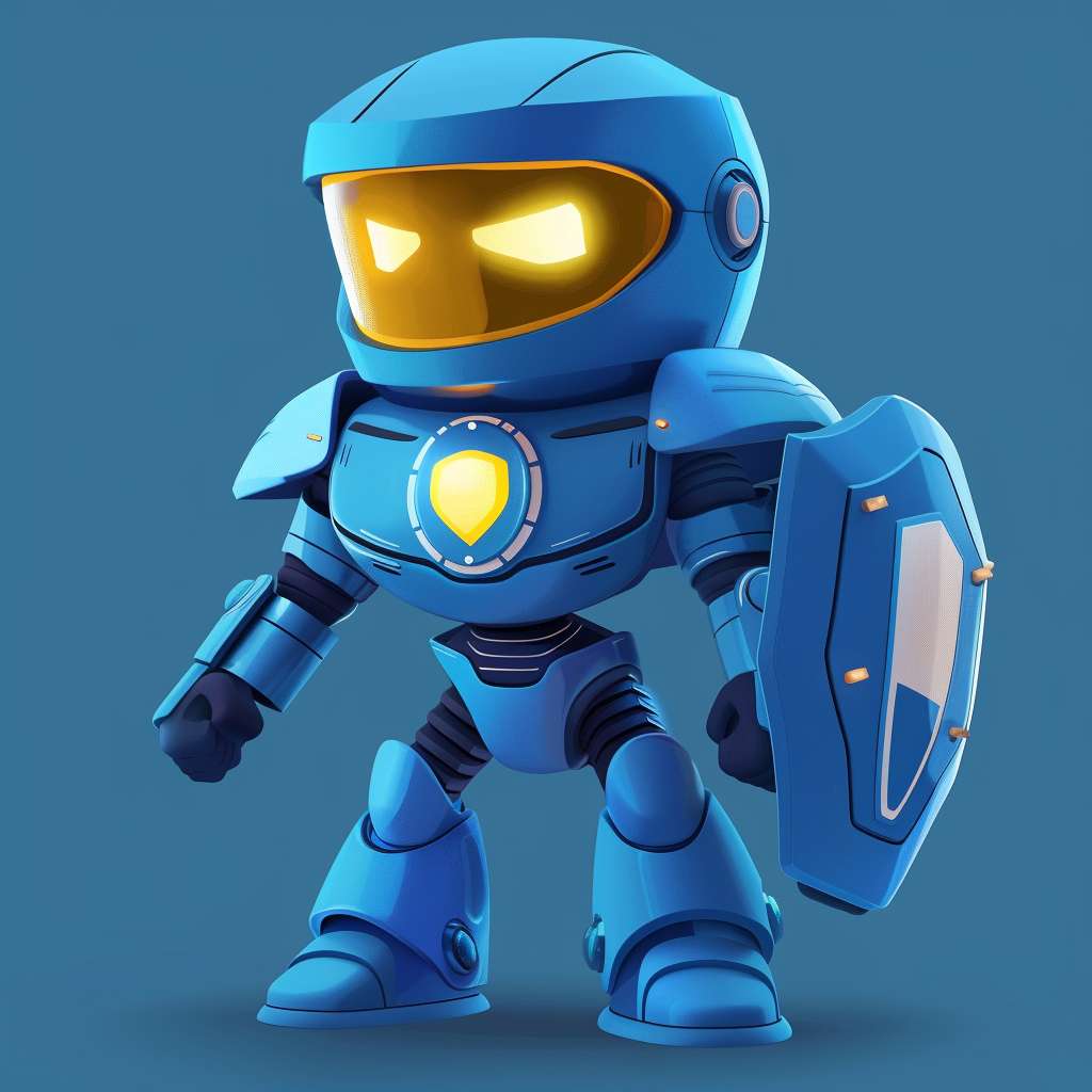 [安全侠]：blue robot with shield chest, glowing safety helmet, friendly superhero pose, clean vector art --ar 1:1 --v 6.0 --stylize 100 --fast