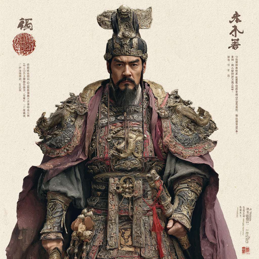 历史事件：公元978年，吴越王钱俶主动献土归宋，避免战争，实现和平统一，被视为“忠君爱国”的典范。

情感表达：可强调钱俶的“牺牲小国成全大一统”的复杂心情，或宋太宗的“天下一家”姿态。 --ar 1:1 --v 7 --stylize 100 --fast --no 水印