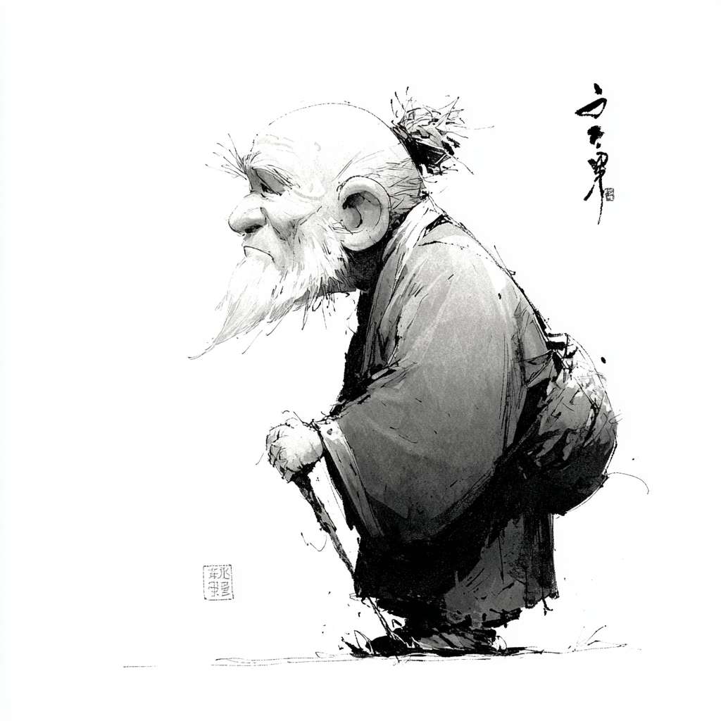 根据参考图，生成一位奶奶老人，矮个子，驼背严重，头花花白，身体佝偻着，简单线条风格，形式简单易懂，动画主体人物的形状，黑白，草图风，抽象，大师级风格，小胖子 --ar 1:1 --v 7 --stylize 100 --fast --no 水印